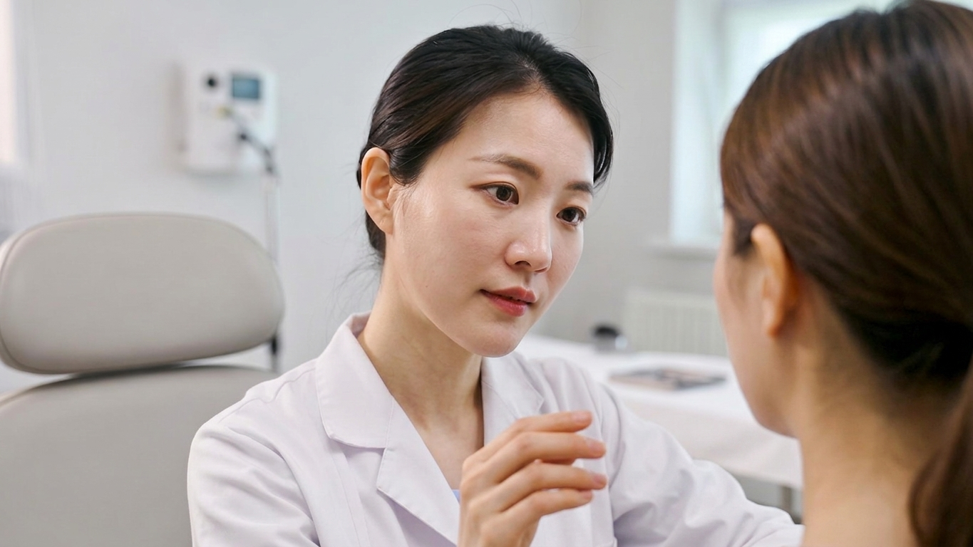 밝은 피부과 진료실에서 환자의 피부를 살피는 여성 피부과 의사