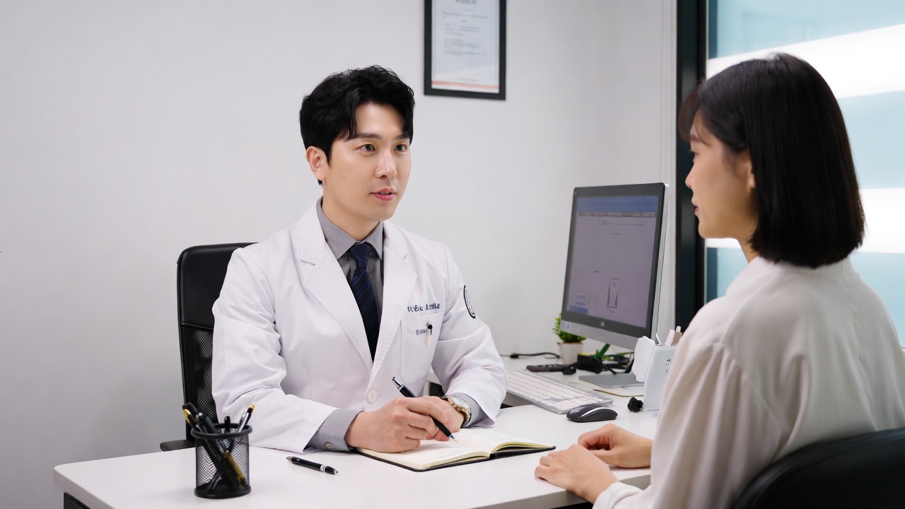 밝은 성형외과 상담실에서 클라이언트와 차분히 상담하는 남성 의사